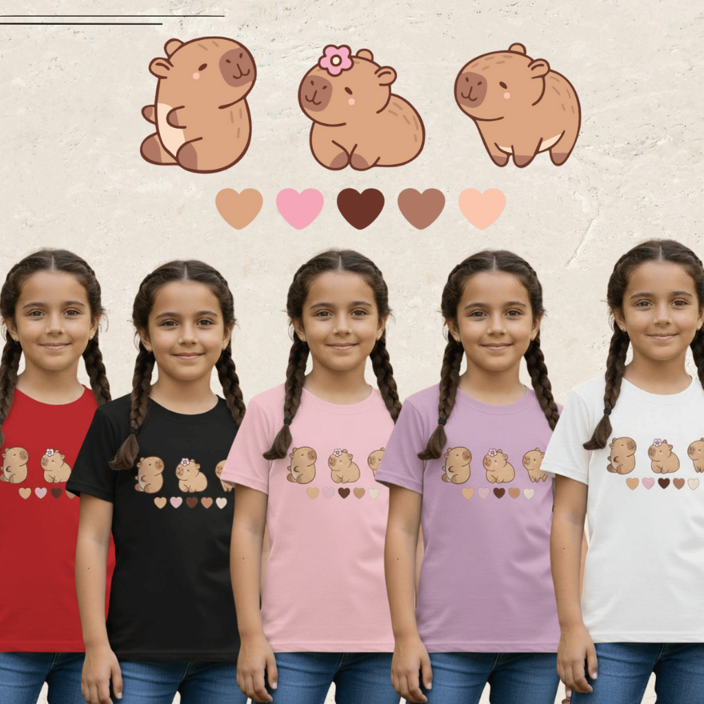 Blusinha Camiseta Básica Menina Capivara blusa de Manga Curta com Estampa para Meninas em DTF