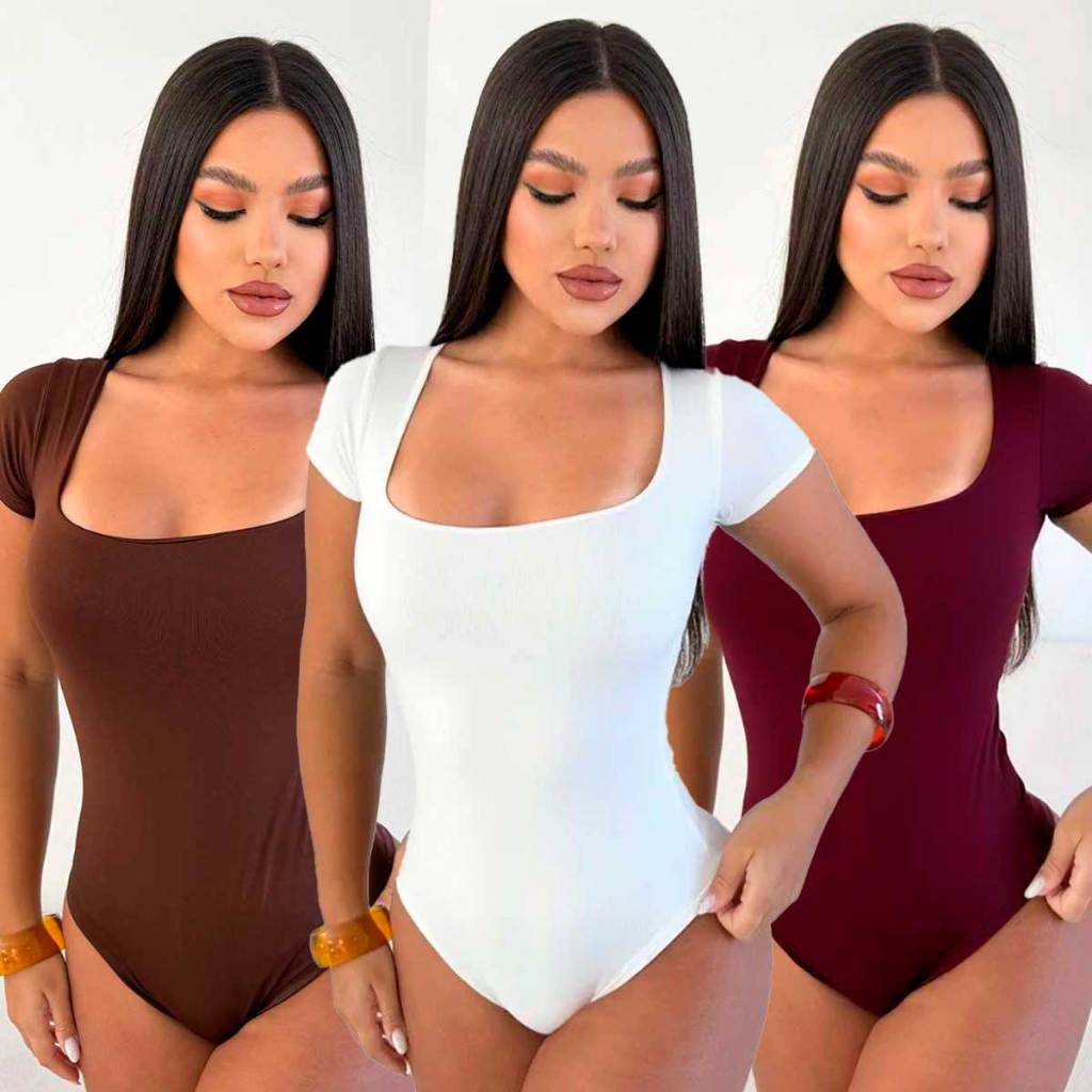 Body Feminino Decote Quadrado Manga Curta Forro Duplo Suplex Liso Verão
