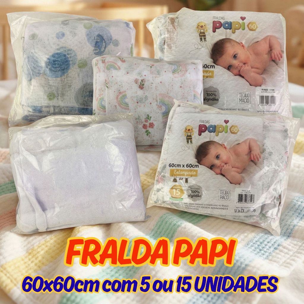 Kit Fralda de Pano Bebê 60cm x 60cm PAPI Branca Feminino Masculino Neutro