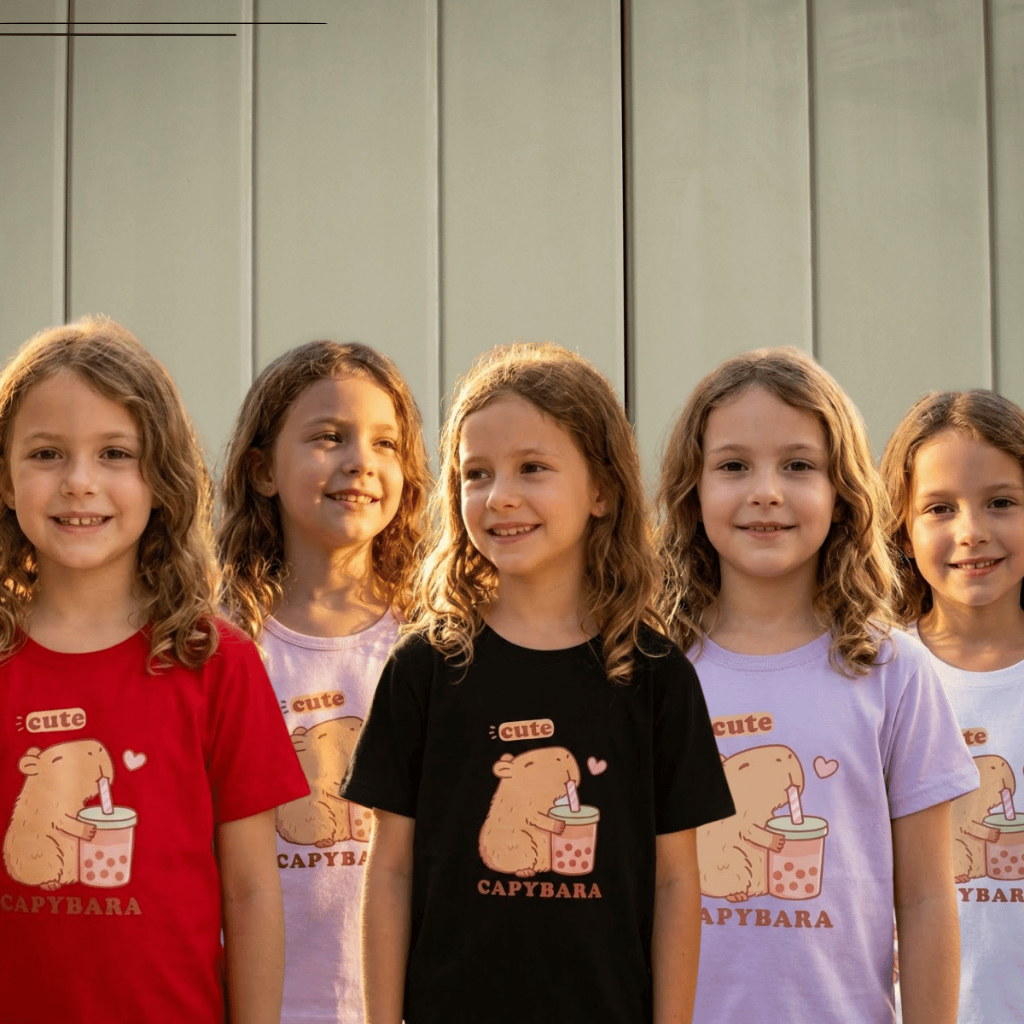 Blusinha Camiseta Básica Menina Capivara CUTE blusa de Manga Curta com Estampa para Meninas em DTF