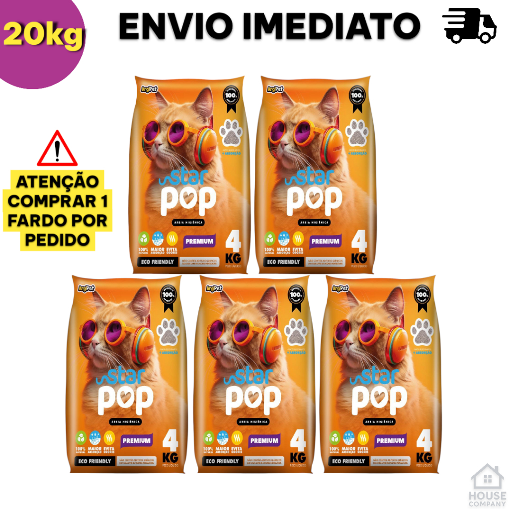 Kit 5 Areia Sanitária Higiênica Argila Natural Star Pop Tradicional para Gatos 20 Kg Mimo Cat