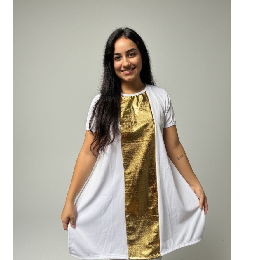Bata Gospel de Dança Profética Feminina Branca com Lamê Dourado