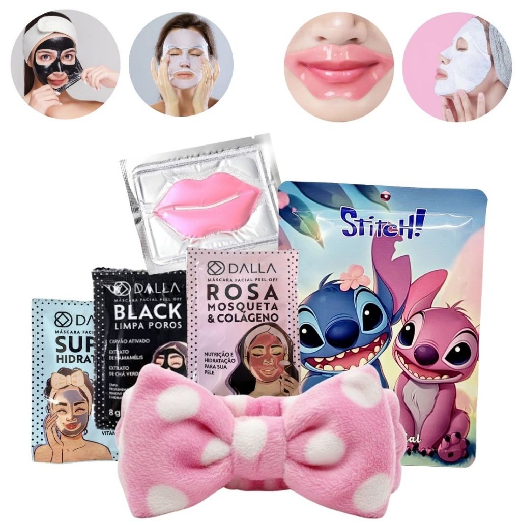 Kit Skincare Limpeza de Pele Facial Máscara Stitch - 3 Mascara PeelOff - Mascara Labial - Faixa - Espátula Presente