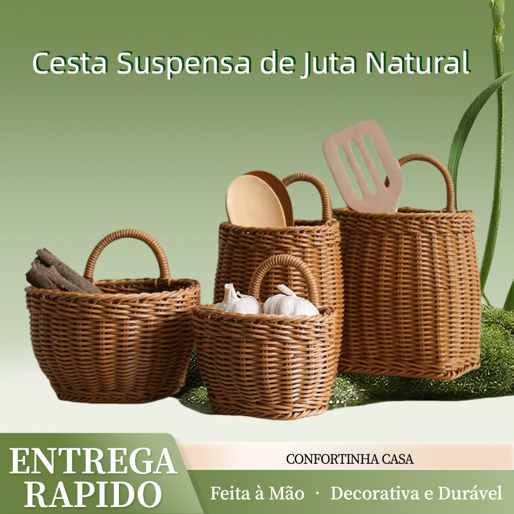 Cesta de Juta Suspensa para Parede – Feita à Mão, Vime Artificial, Armazenamento e Decoração