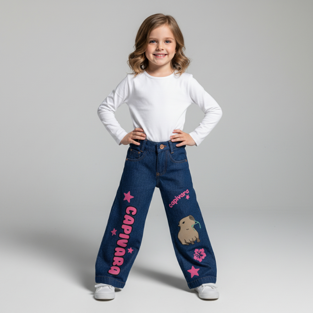 Calça Jeans Infantil Menina 4–16 Wide Leg Estampada (Capivara ou Corações) – Confortável e Moderna