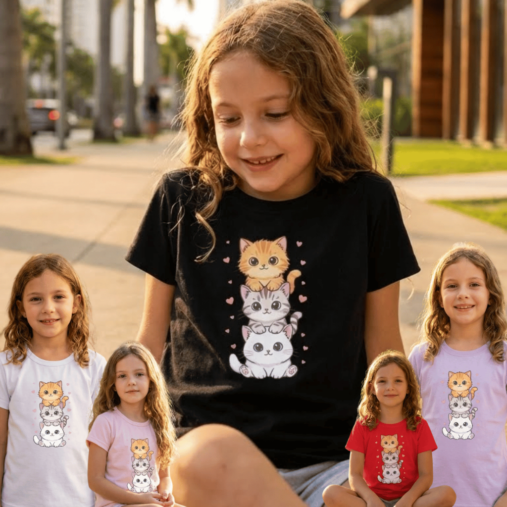 Camiseta Básica Menina Gatinho blusa de Manga Curta com Estampa para Meninas em DTF