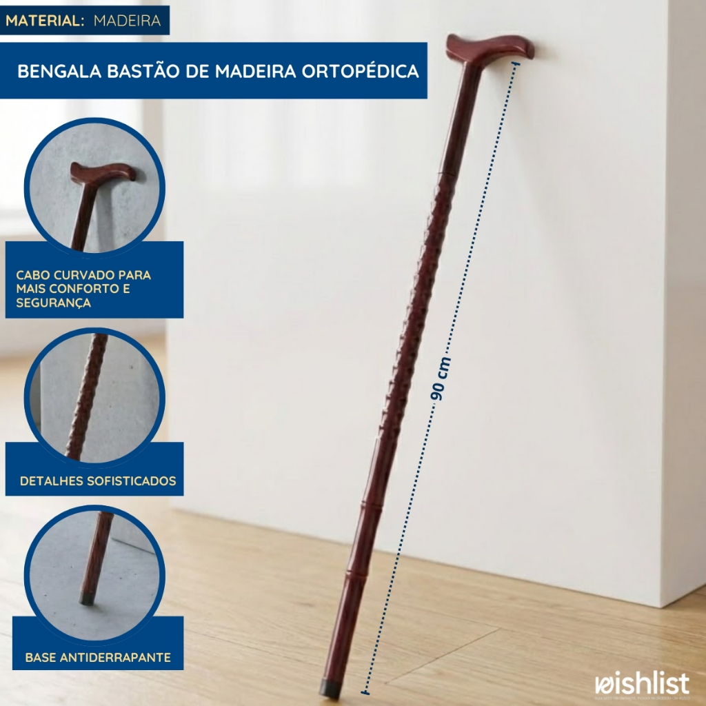 Bengala Bastão De Madeira Ortopédica  90cm - Unidade e Kit 2 Unidades