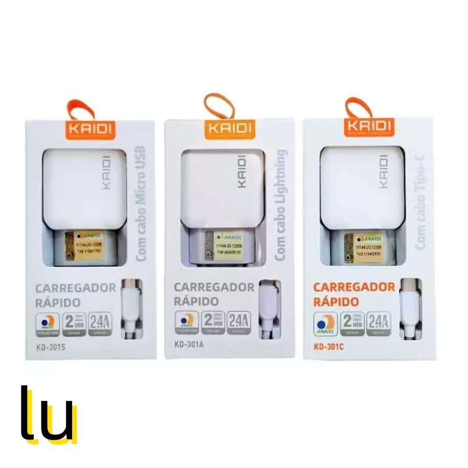 Carregador Turbo 2.4A USB×2 Com Cabo para Modelos V8/TYPE-C/IPHONE KAIDI KD-301 Original