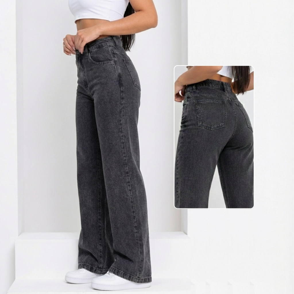 Calça Wide Leg Jeans Feminina Pantalona Cintura Alta 100% Algodão