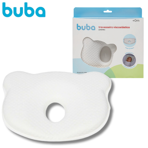 Travesseiro Para Bebê Viscoelástico Anatômico Anti Cabeça Chata Urso Buba Branco