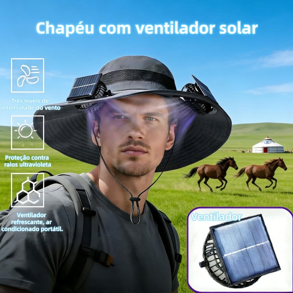 Chapéu com 1 ventiladores alta ventilação movidos a energia solar e recarregáveis por USB proteção UV protedor Solar