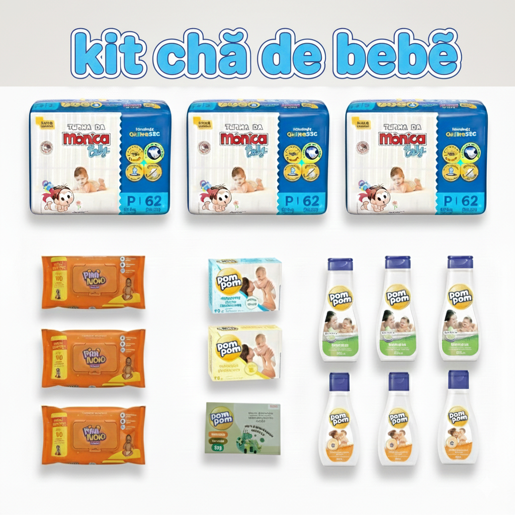 Super Kit Chá de Bebê – Combo Completo com 3 de Cada | Fraldas + Shampoo + Toalhas + Sabonete + Agua de colônia