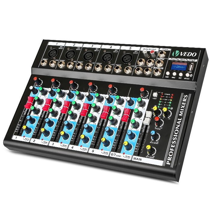 VEDO 7 Canais Mesa De Mixagem Profissional Misturador Mesas De Som Equalizador Bluetooth 48V PC USB Bivolt Para Karaokê