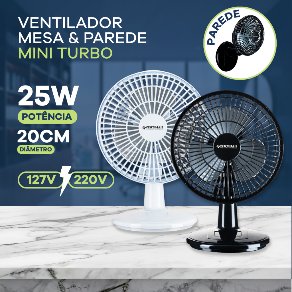 Ventilador Mini Turbo 20cm 2 em 1 Mesa/Parede Portátil 3 Pás 110/220V Branco Preto Escritório Maeto
