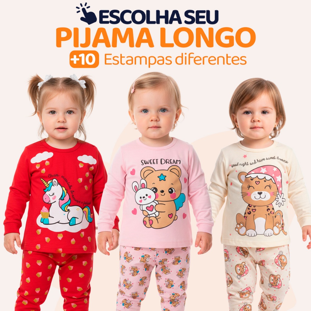 Pijama Infantil Bebe Menina Manga Longa Escolha Seu Modelo, Estampas Fofas e Conforto Infantil Feminino Frio Inverno l03