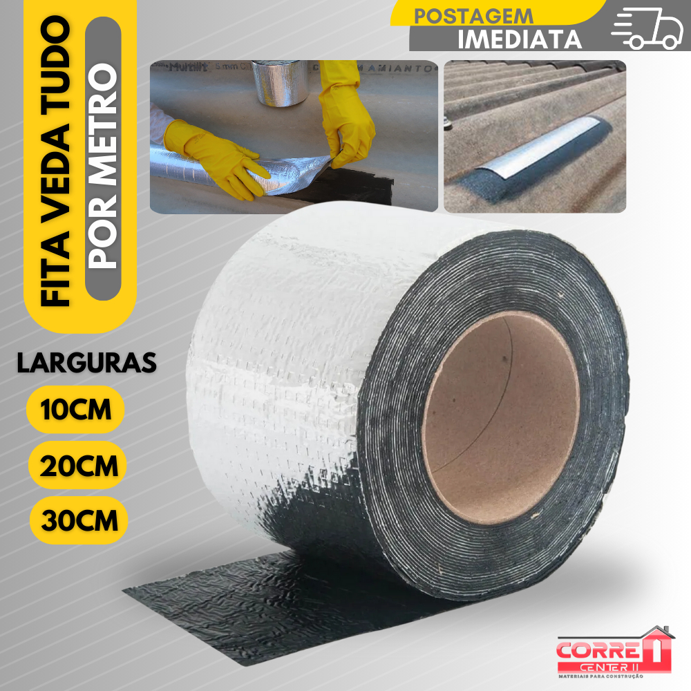 Fita Asfáltica Impermeável Manta Adesiva para Reparos | Rufo, Calha, Telhado Veda Tudo (10cm, 20cm, 30cm)