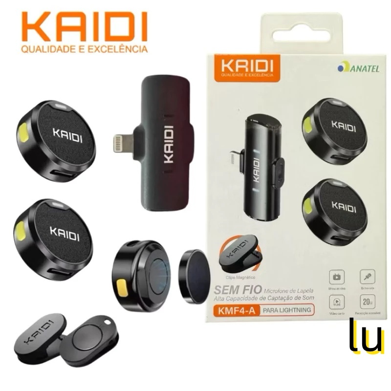 Microfone Lapela Sem Fio Duplo Kaidi Profissional Portátil Gravação Celular iPhone Tipo C Redondo
