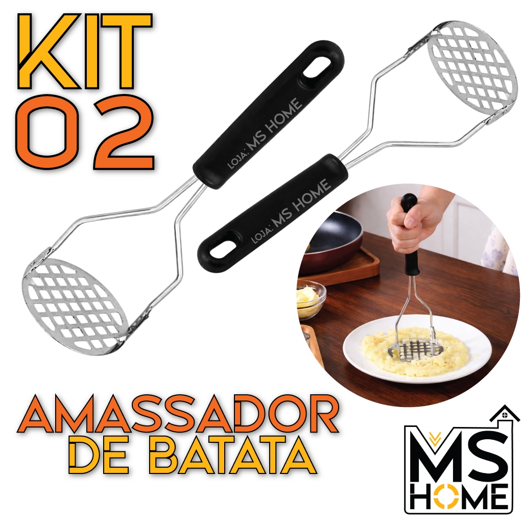 Amassador de Batatas Legumes Feijão -Aço Inox -Espremedor Manual -Cozinha Multiuso -C/Cabo Plastico