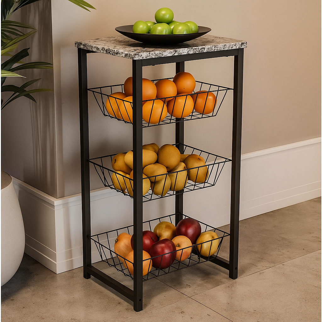 Fruteira De Chão Multiuso 3 Cestos Varios modelos de Tampo Extra Forte Mdf Madeira Pedra Marmore Granito