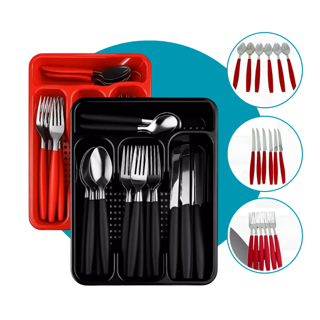 Conjunto Jogo De Talheres 25 Peças Inox Premium + Gaveteiro Organizador Porta Talheres Cozinha