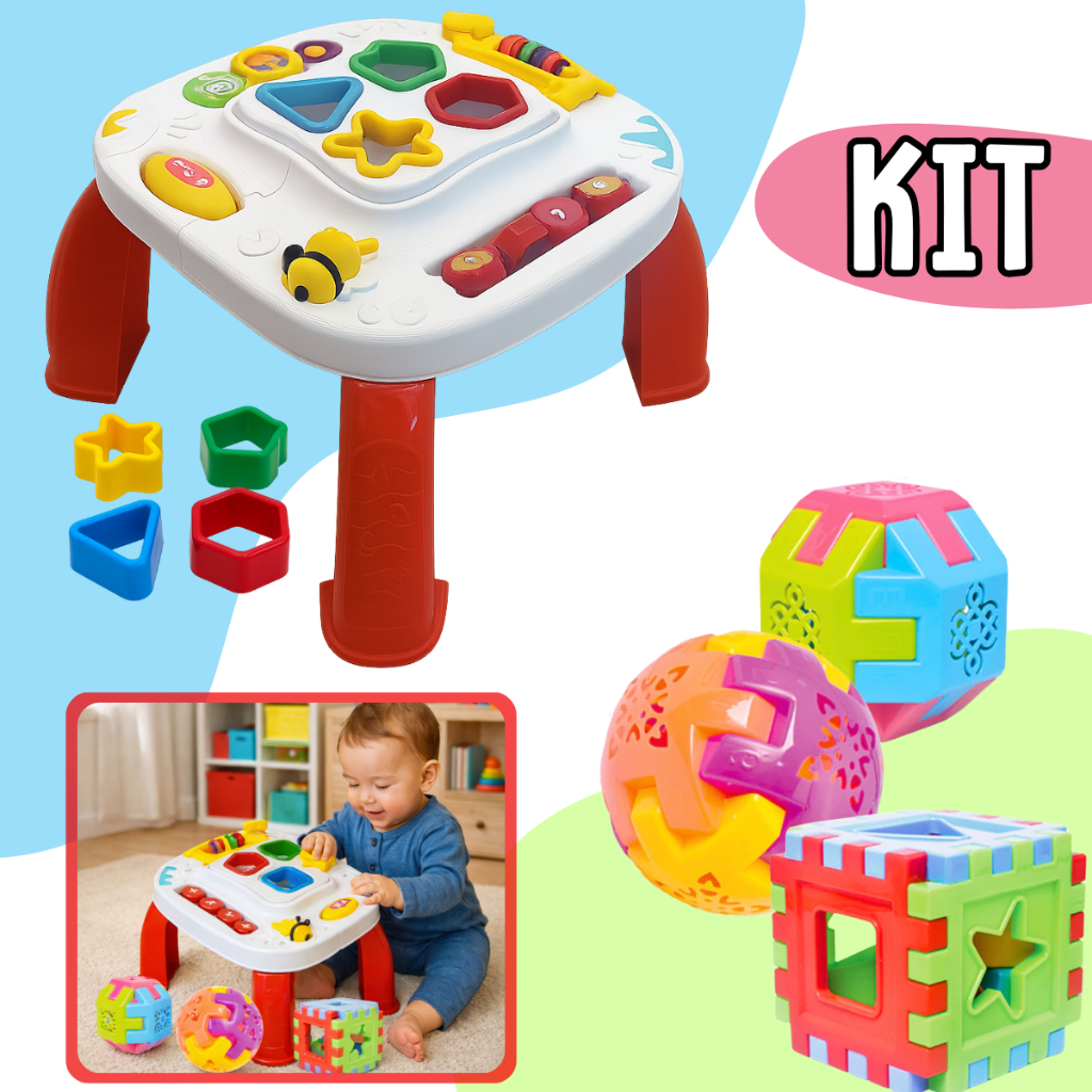 Mesa e 3 Brinquedos Educativo Cubo Brinquedo Didatico Atividades Interativa Divertida Educacional Bebê Montar