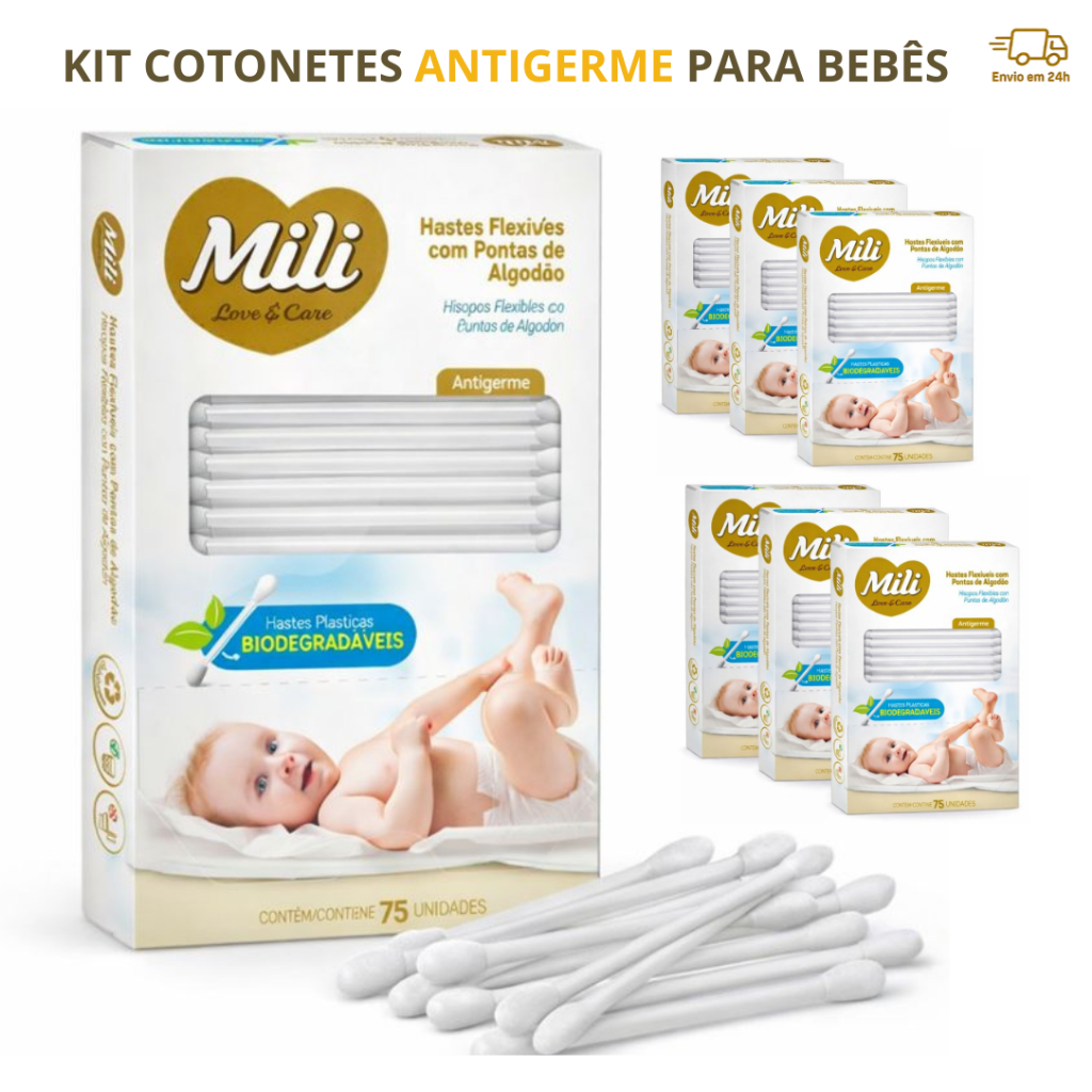 Cotonete Mili Care Bebe Antigerme Biodegradável 75 Unidades por Caixa