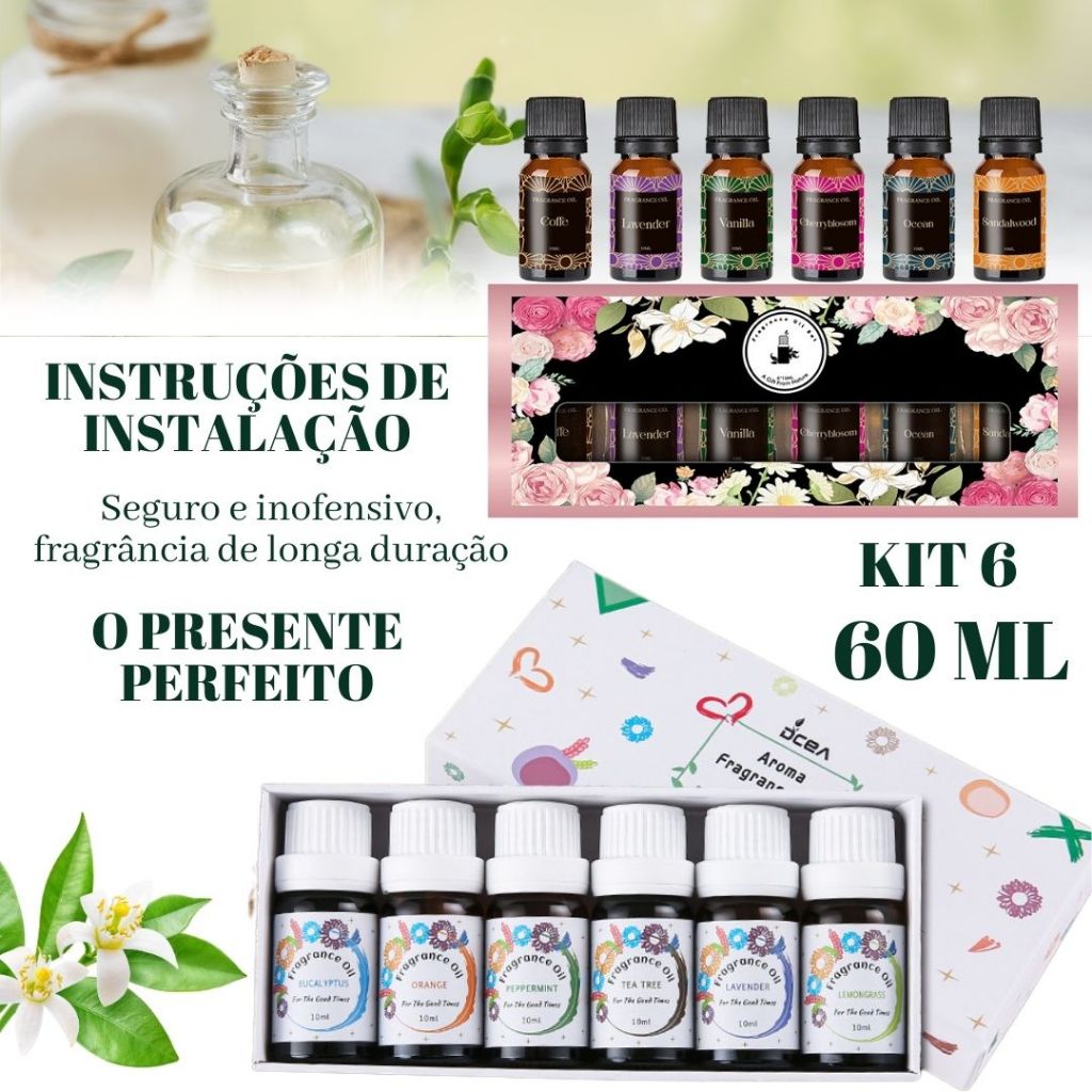 Kit 6 Essências Premium Para Umidificador, Difusor, Sabonetes, Cheirinho de Carro | Alta Fixação 10ml