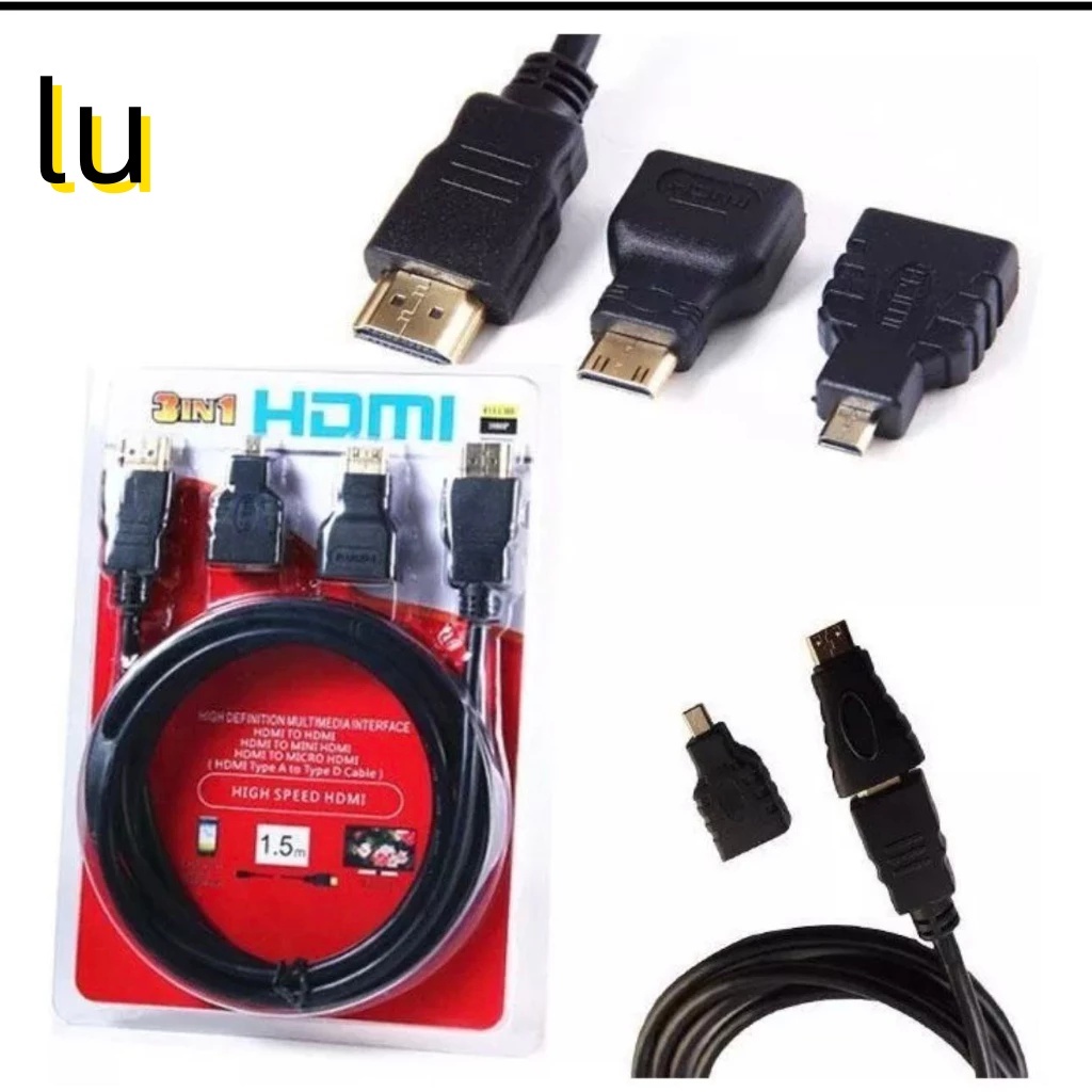 Cabo 1.5 Metros HDMI 3 em 1 Com Plug Adaptador Mini Micro HDMI Full HD