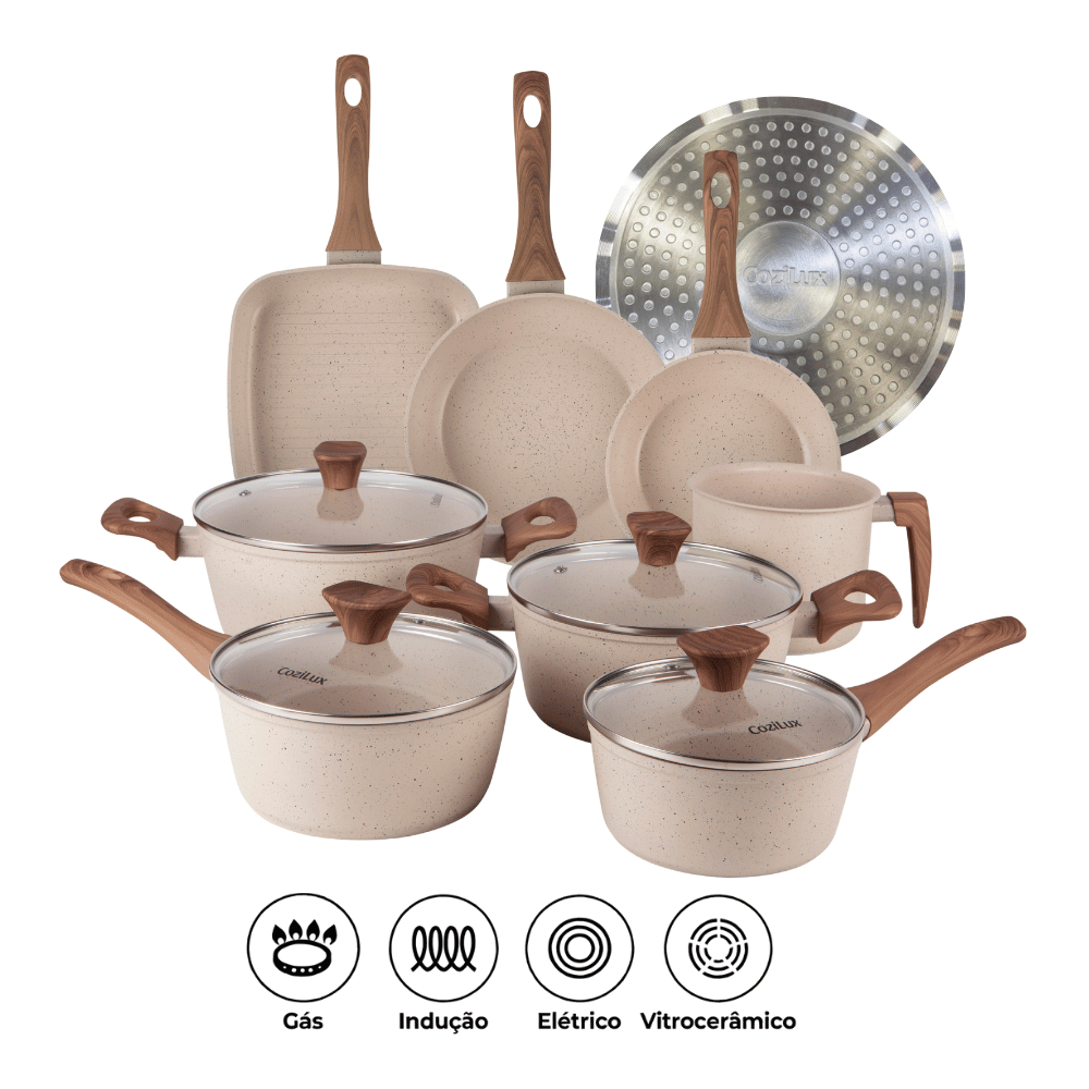 Jogo de Panelas Revestimento Cerâmico Antiaderente 8 Peças Cozilux Linen Ceramic