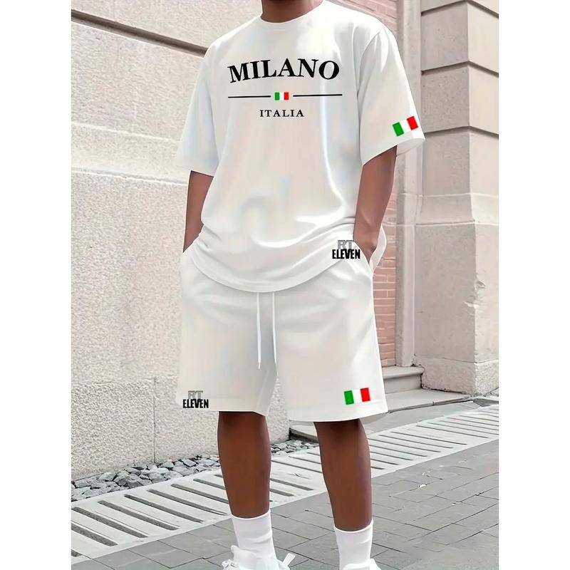 Conjunto Camiseta + Short Moletom Estampado Milano Itália Camiseta Linha Premium Bermuda Com Bolso
