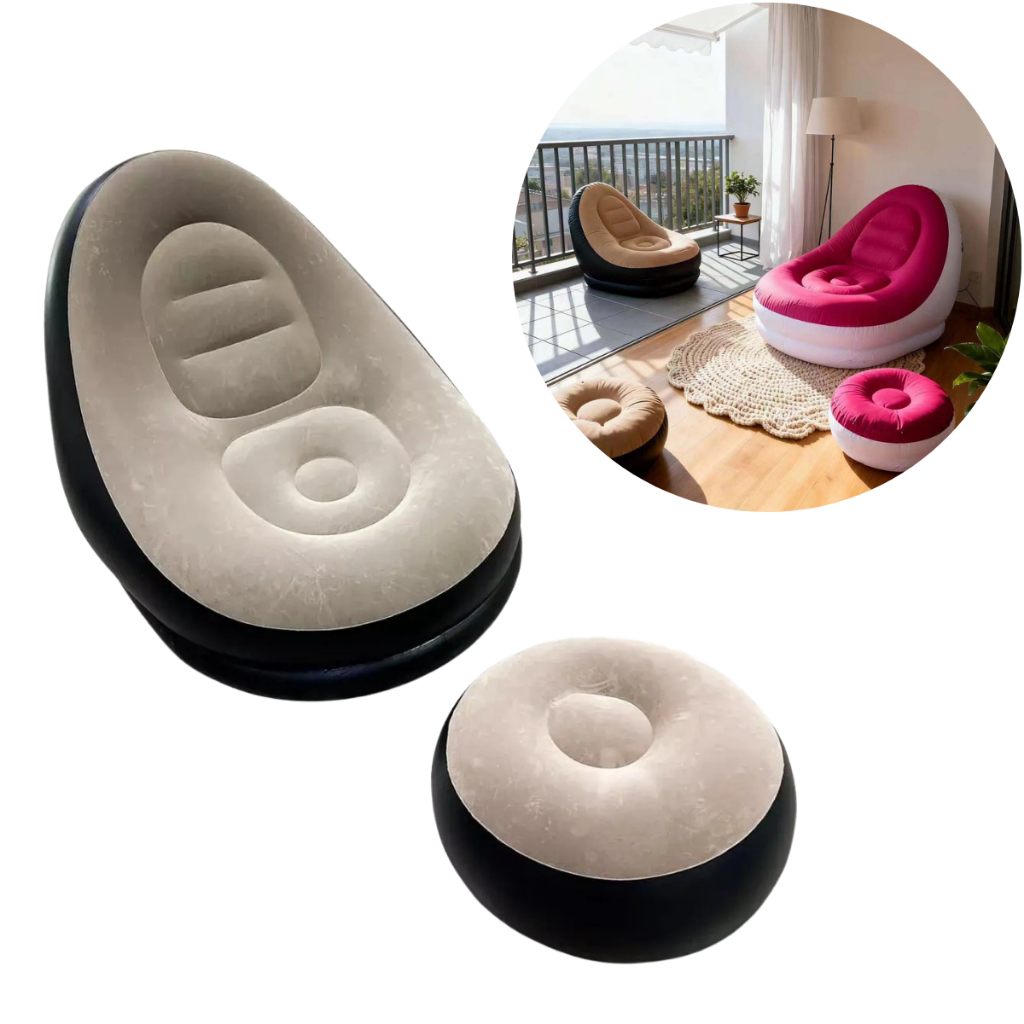 Poltrona Inflável C/ Puff Portatil Preto Marrom Branco Vermelho – Conforto Premium, Moderna - MEGA