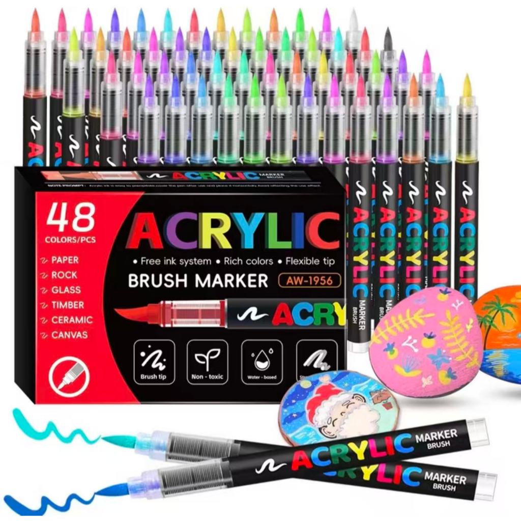 Kit Marcador Acrílico 12/ 24 Cores Marca AW-1956 Brush Marker Caneta Acrílica para Papel Vidro Cerâmica Tela