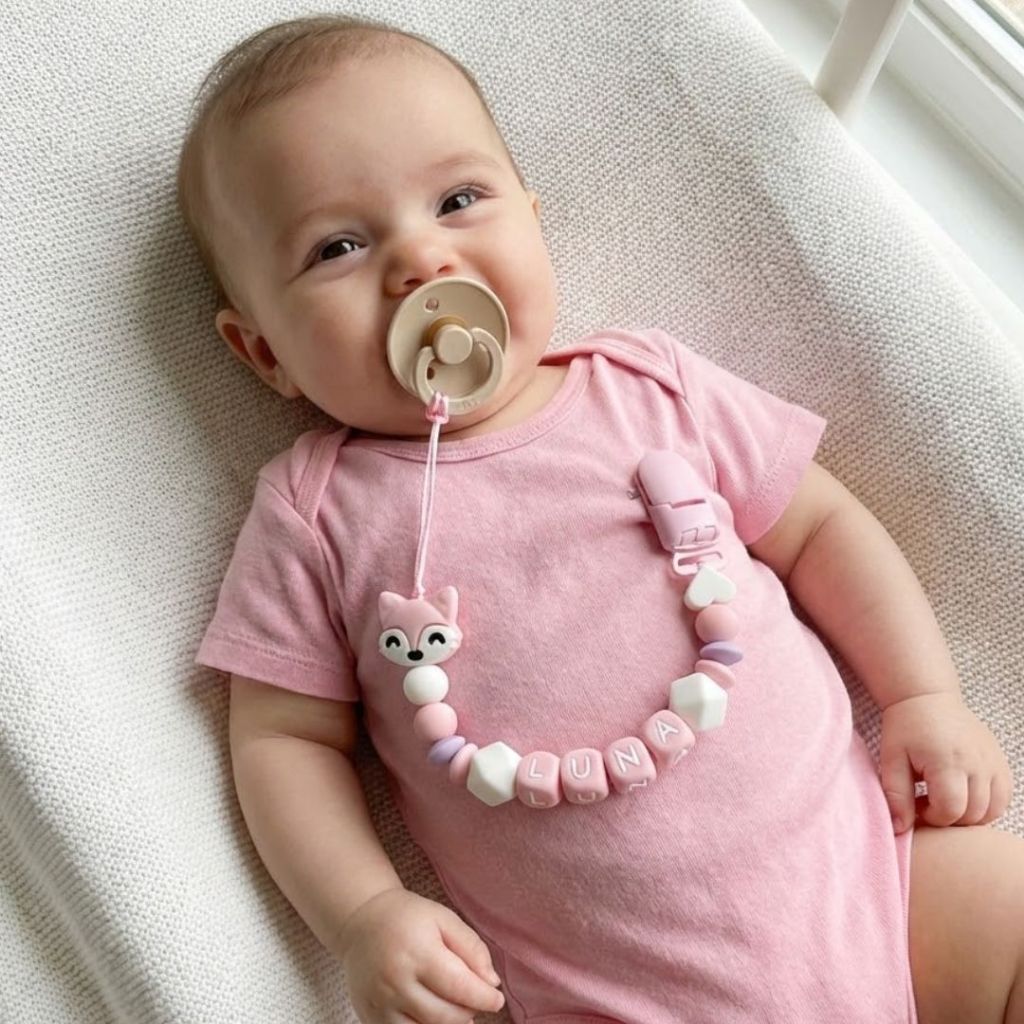Prendedor de Chupeta de Silicone Macio e Mordedor Personalizado com Nome do Bebê Raposa BPA FREE