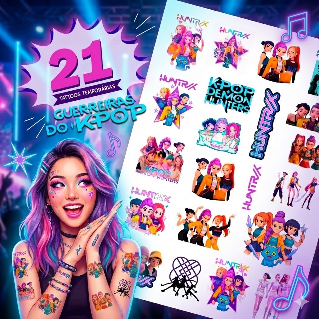Tatuagem Temporaria Guerreiras do KPOP 20x28cm - Guerreiras do K-POP 21 unidades
