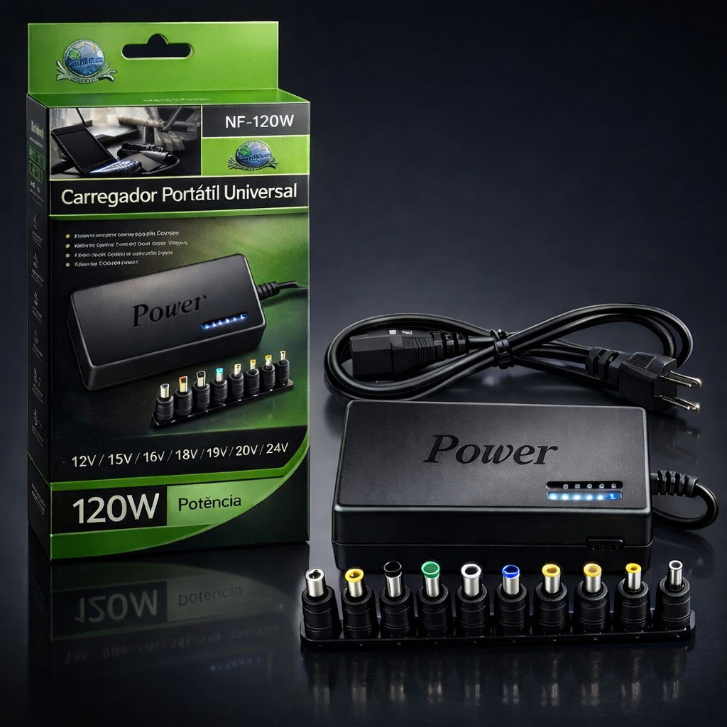 Carregador Universal de Notebook 120W Ajustável 12V a 24V com 10 Pinos Conectores