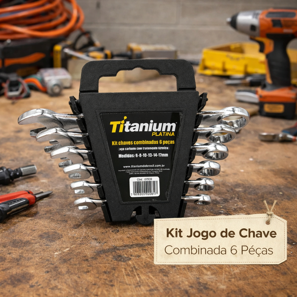 Kit Jogo de Chave Combinada Aço Carbono 6 Peças Titanium 6, 8, 10, 13, 14 e 17 mm