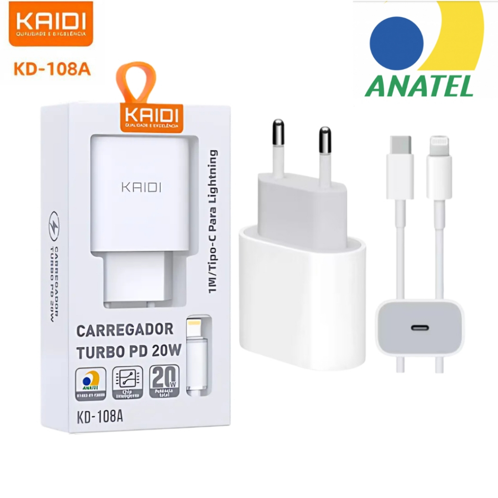 Carregador Turbo Kaidi Pd Tipo C Para Lightning Iphone 20w Kd-108a Original com NF