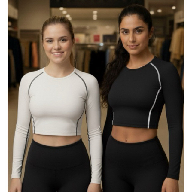 Kit 02 Cropped Feminino Manga Longa Proteção UV Academia Esportes Praia Piscina Moda Blogueira Fitness