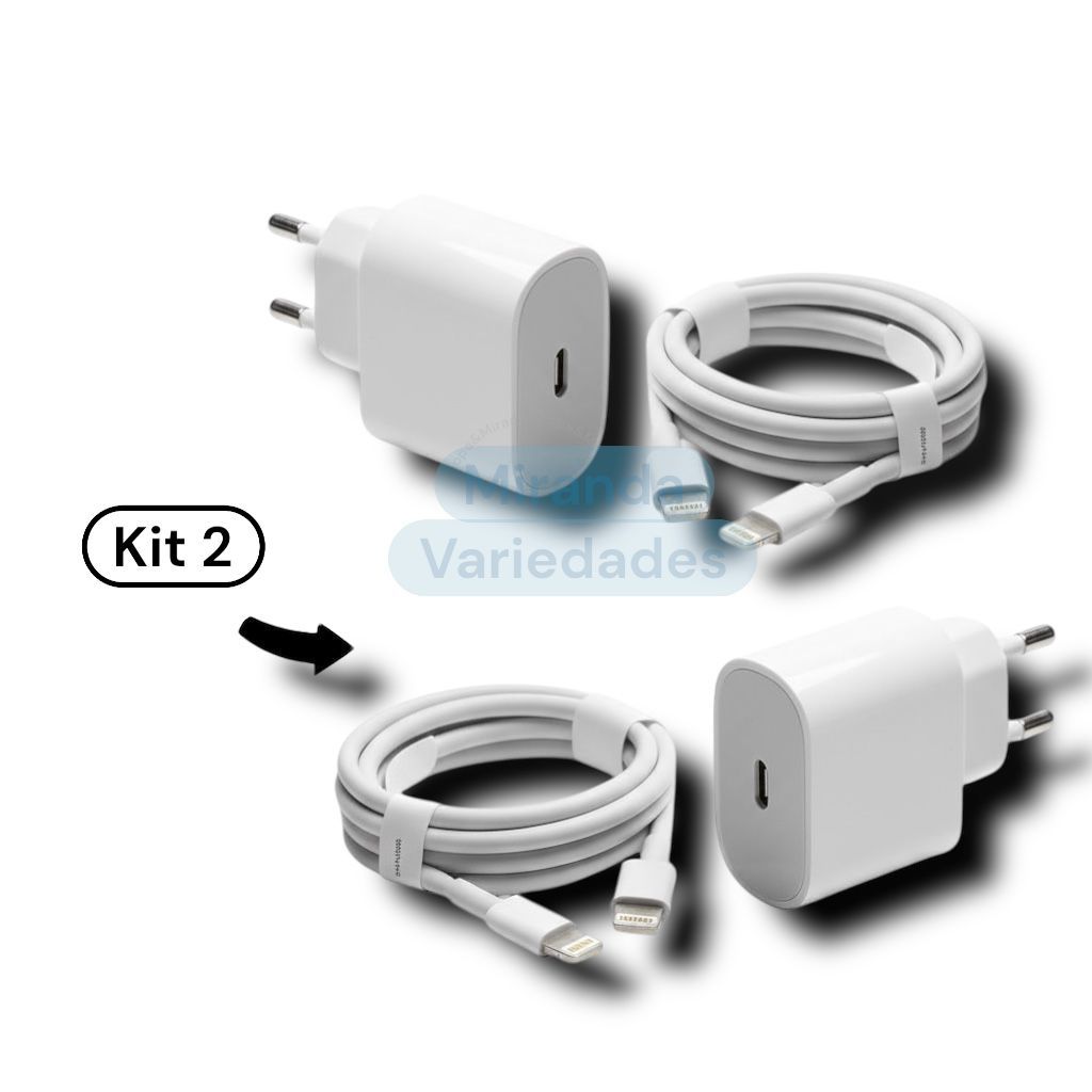 KIT 2 Carregador Turbo iPhone Android 20W Kit Completo com Cabo Rápido USB-C