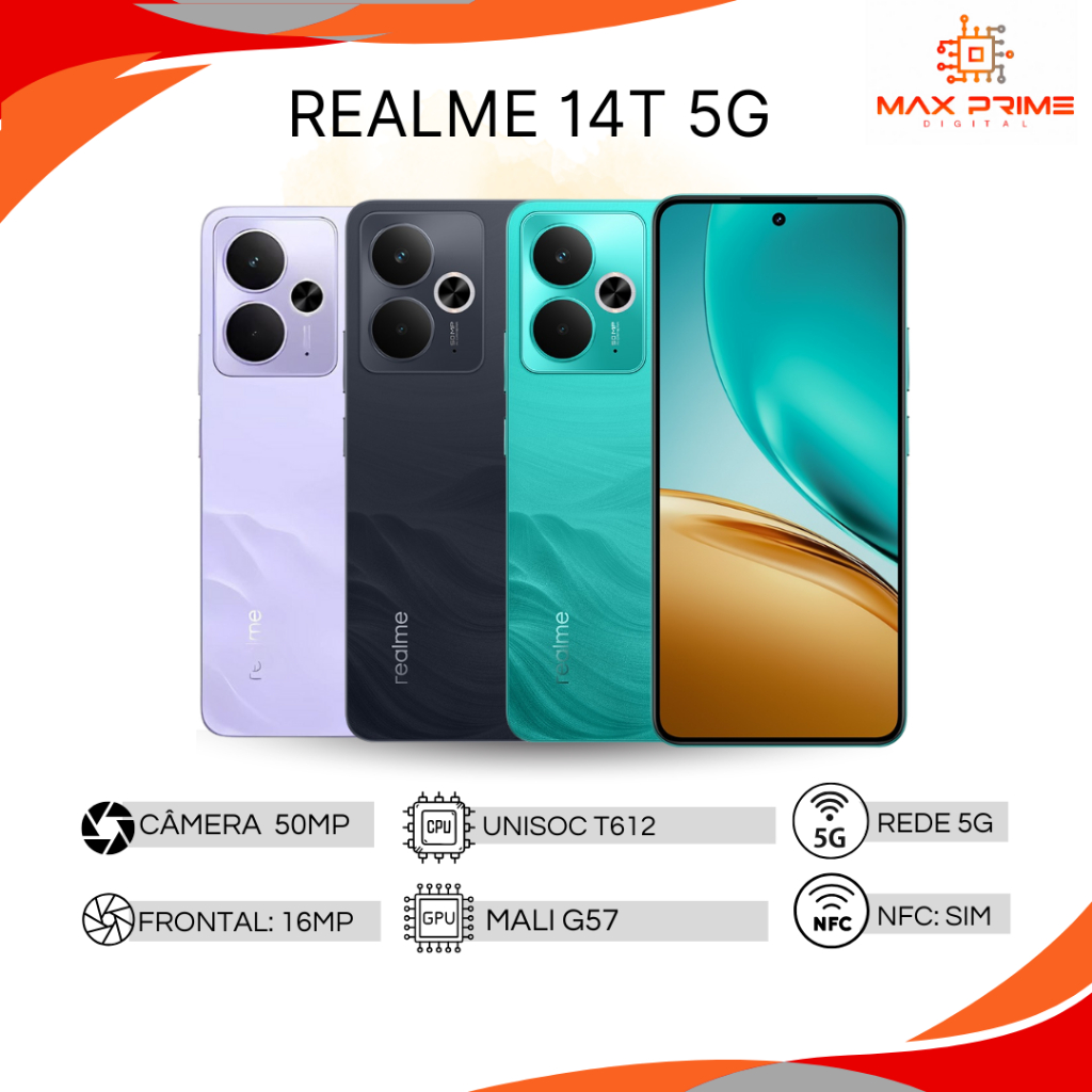 Realme 14T 5G Armazenamento de 256GB e 8GB RAM, Bateria 6000mAh, Versão Global, Câmera 50MP, Processador Dimensity 6300