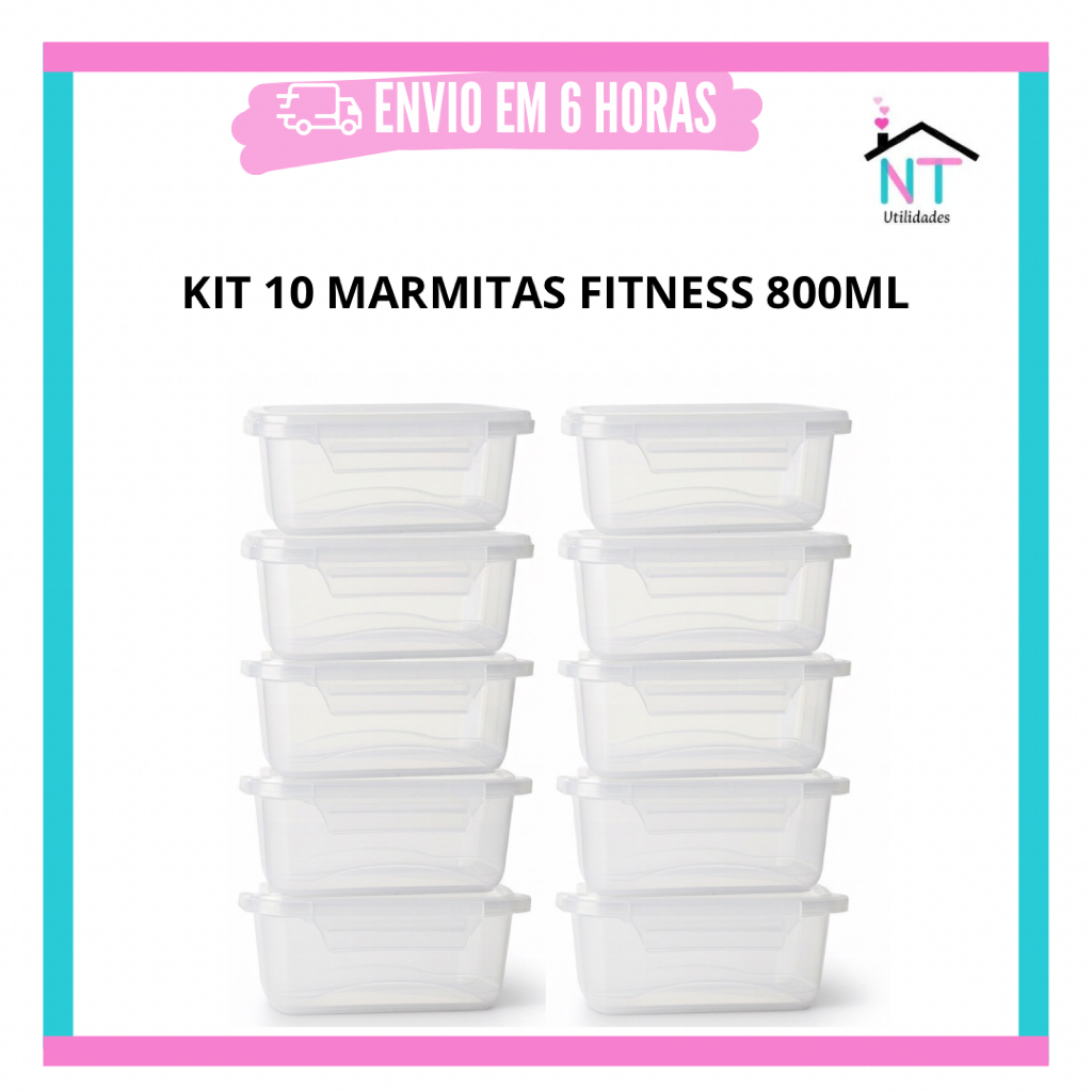 Kit 10 Marmitas Fitness 850ml Freezer E Microondas Potes Plásticos com Trava Grande Livre de BPA