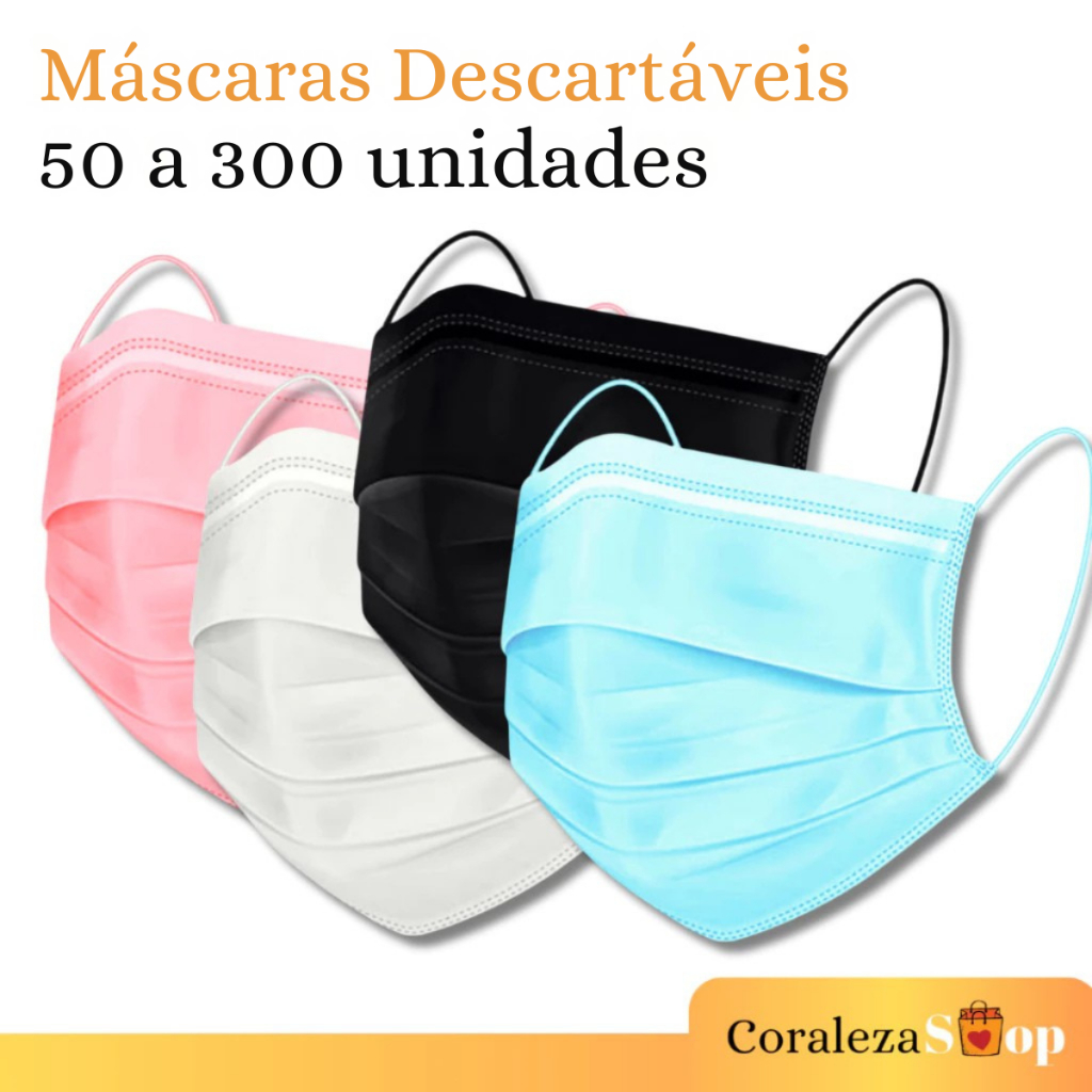 Kit de 50 a 300 Máscaras Descartável Tripla Camada e Clipe Nasal  Cores Diversas - ENVIO IMEDIATO