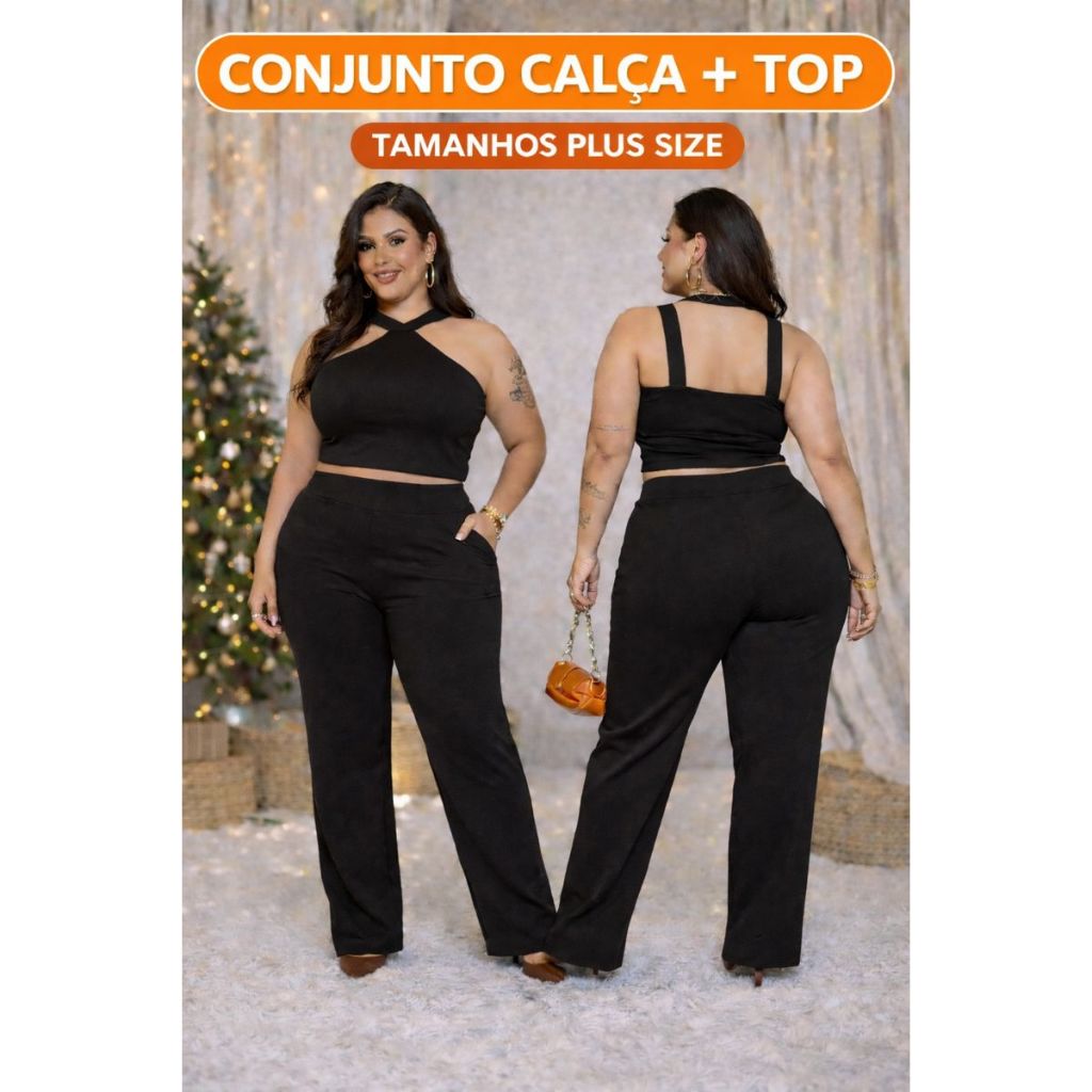 Conjunto Feminino Plus Size Malha Crepe Liverpool Premium Cropped + Calça Cintura Alta GG G1 G2