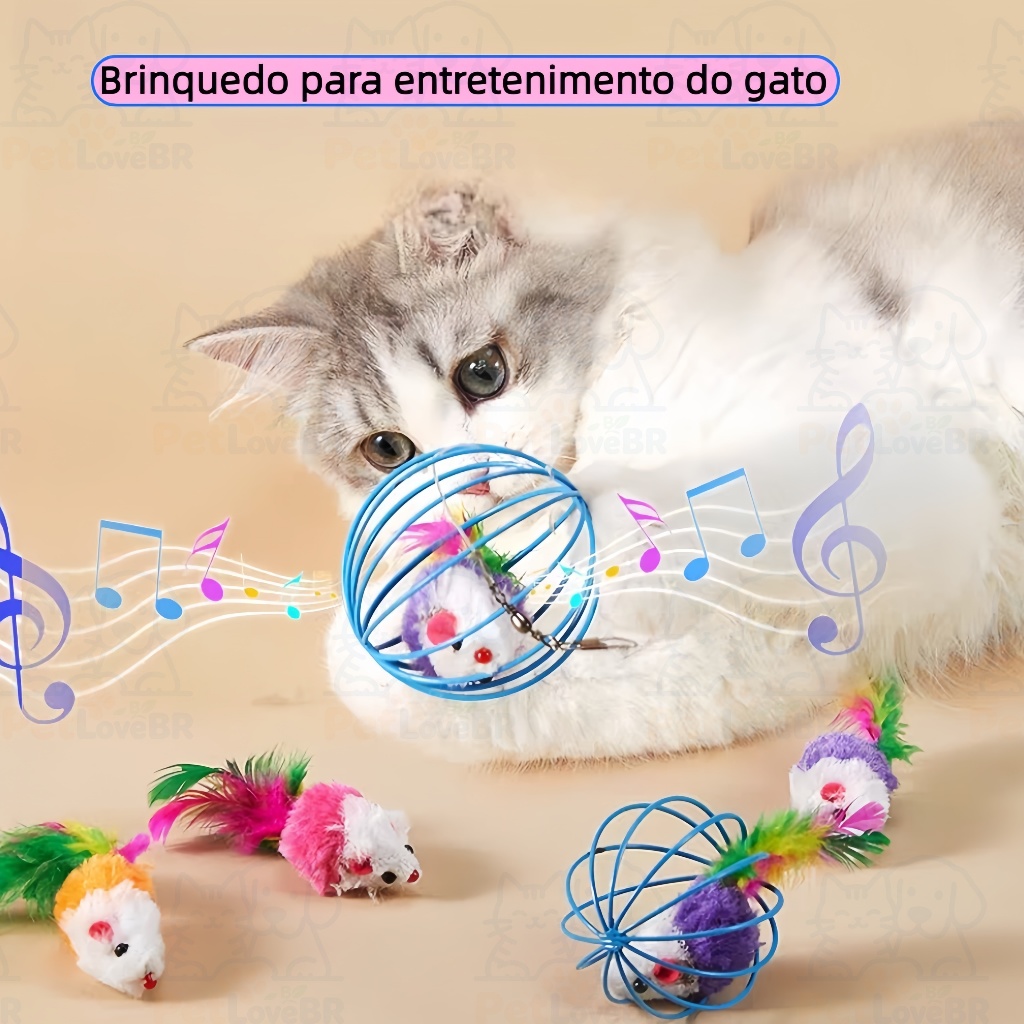 Rato de Brinquedo para Gatos – Gaiola Colorida com Bolinha de Pena – Diversão e Alívio do Tédio