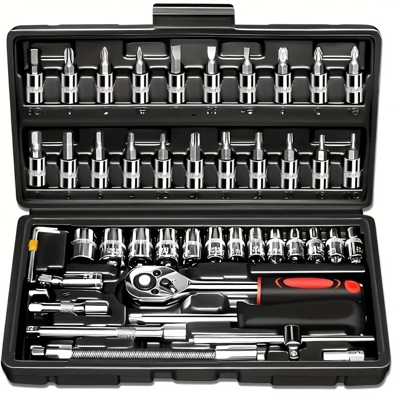 Kit de Ferramentas 46 Peças Chave Catraca Reversível Maleta Portátil Jogo Completo de Soquetes