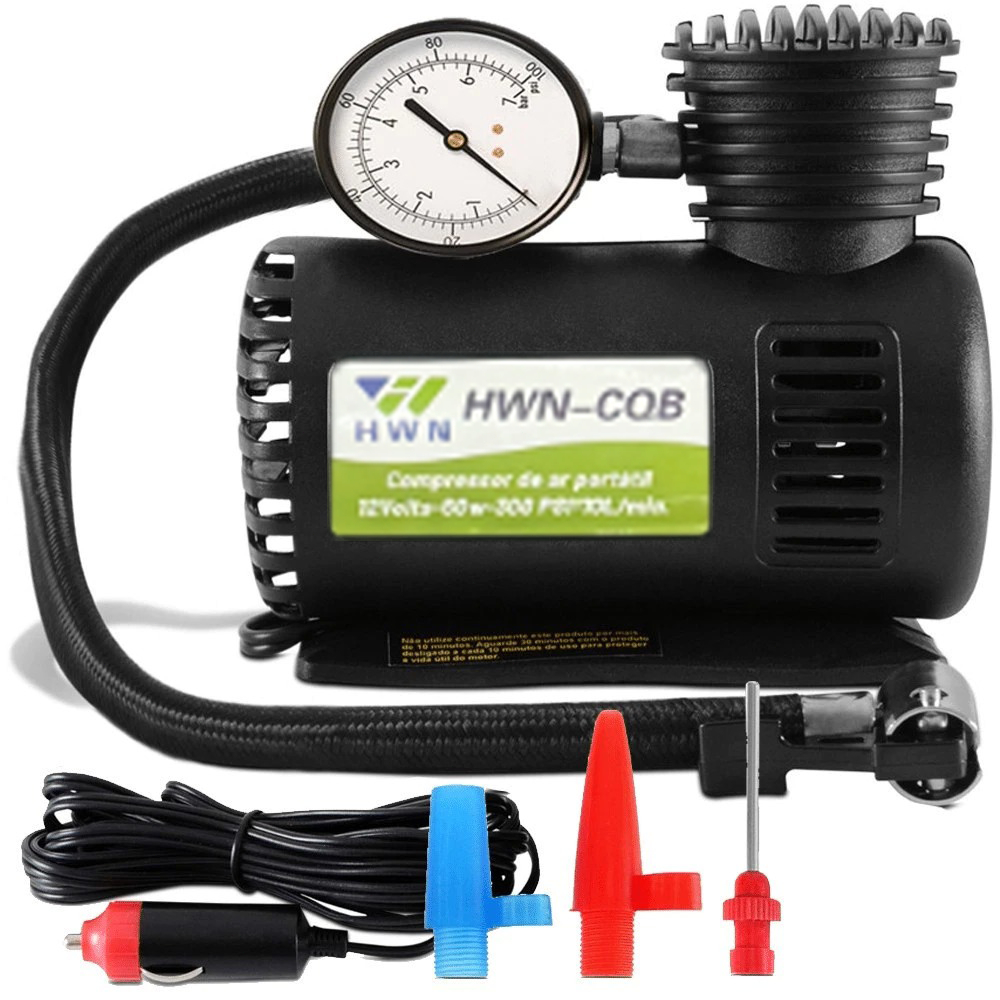 Mini Compressor de Ar Automotivo 12V 300 PSI para Encher Pneus, Bolas e Bicicletas