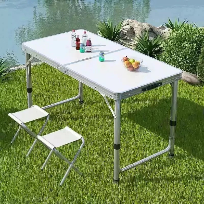 Kit Mesa Dobrável Portátil Vira Maleta Camping Churrasco 120X60cm com 4 Banquinhos Dobráveis Brancos