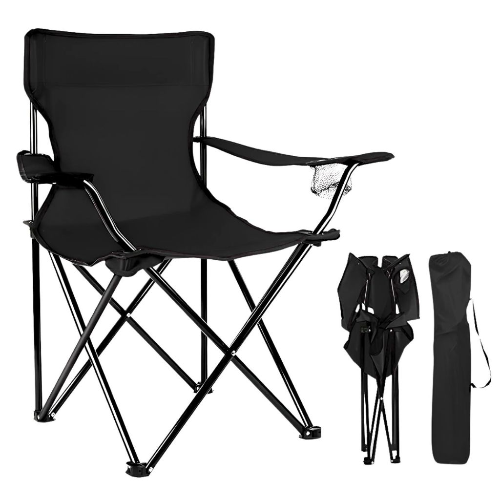 Cadeira Para Acampamento Pesca Praia Dobrável Com Bolsa Cor Preto Reforçada