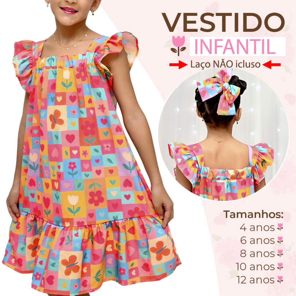 Vestido Infantil Festa Luxo Estampado Junino Xadrez Colorido Bloguerinha Tecido Premium 4 a 12 Anos