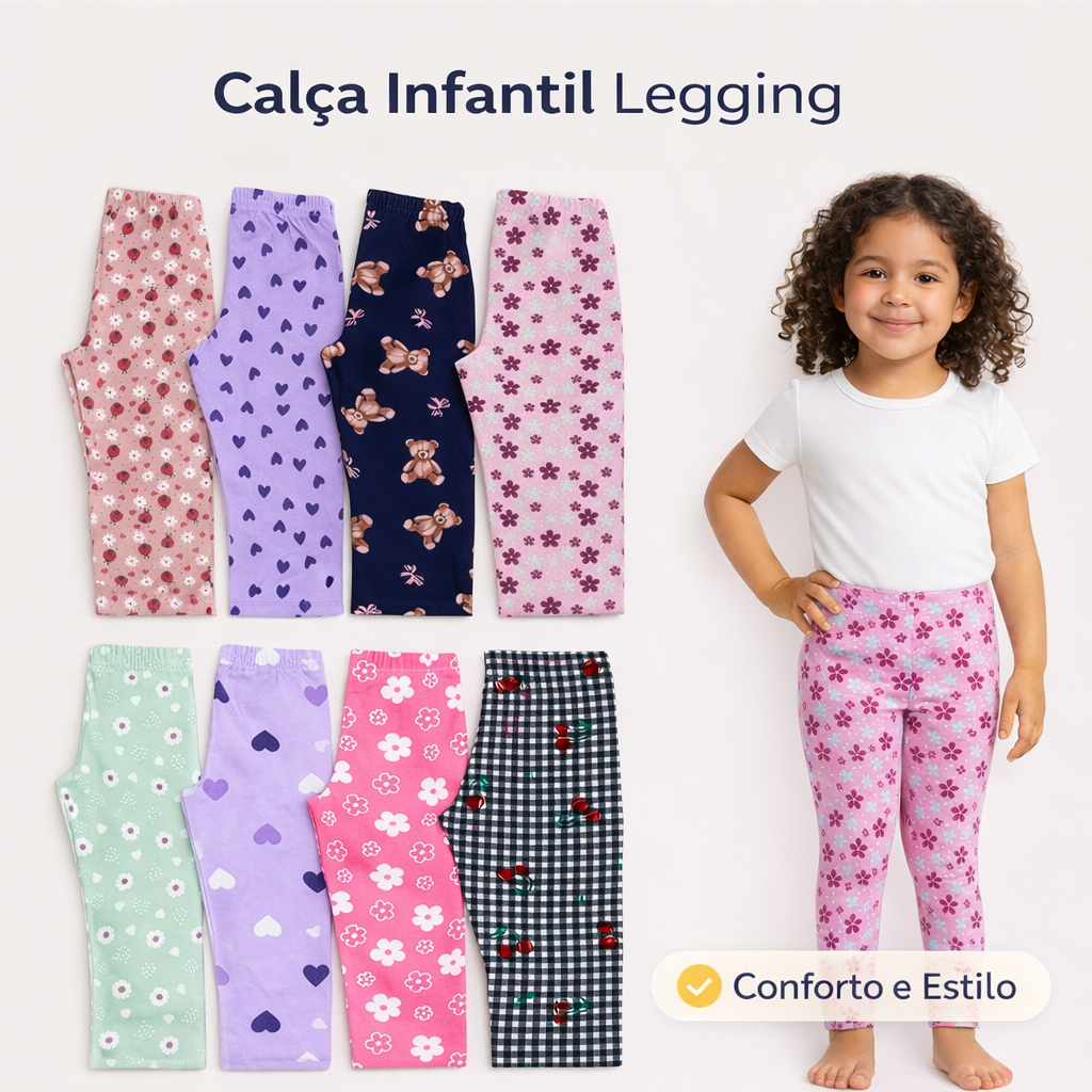 Kit Calça Legging Infantil, Algodão Tamanhos 1 ao 10.